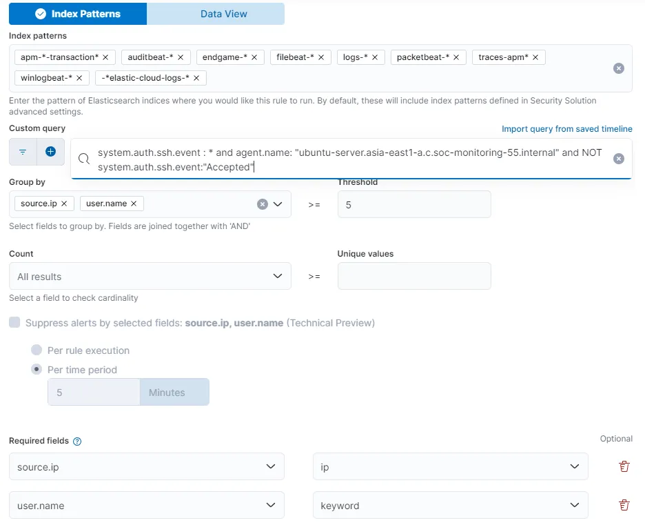 Detection rule settings for SSH brute force