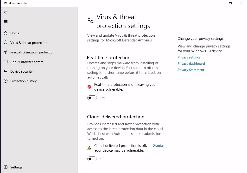Turn off virus and threat protection settings