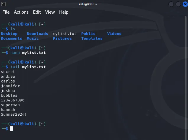 Created mylist.txt in the Home directory