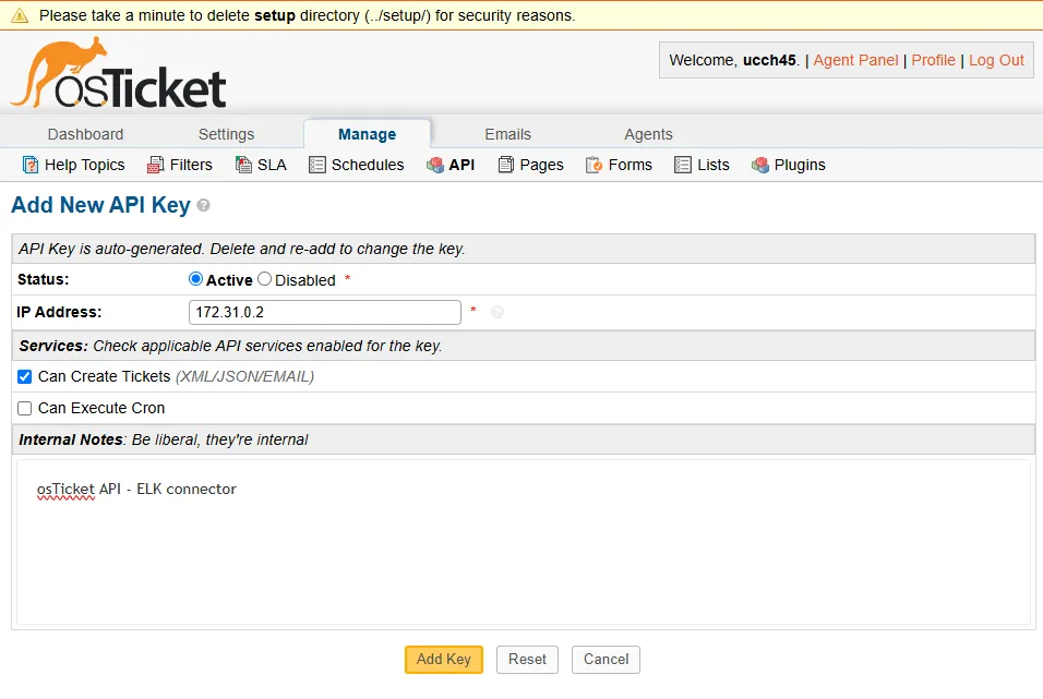 Generate API key for ELK connection