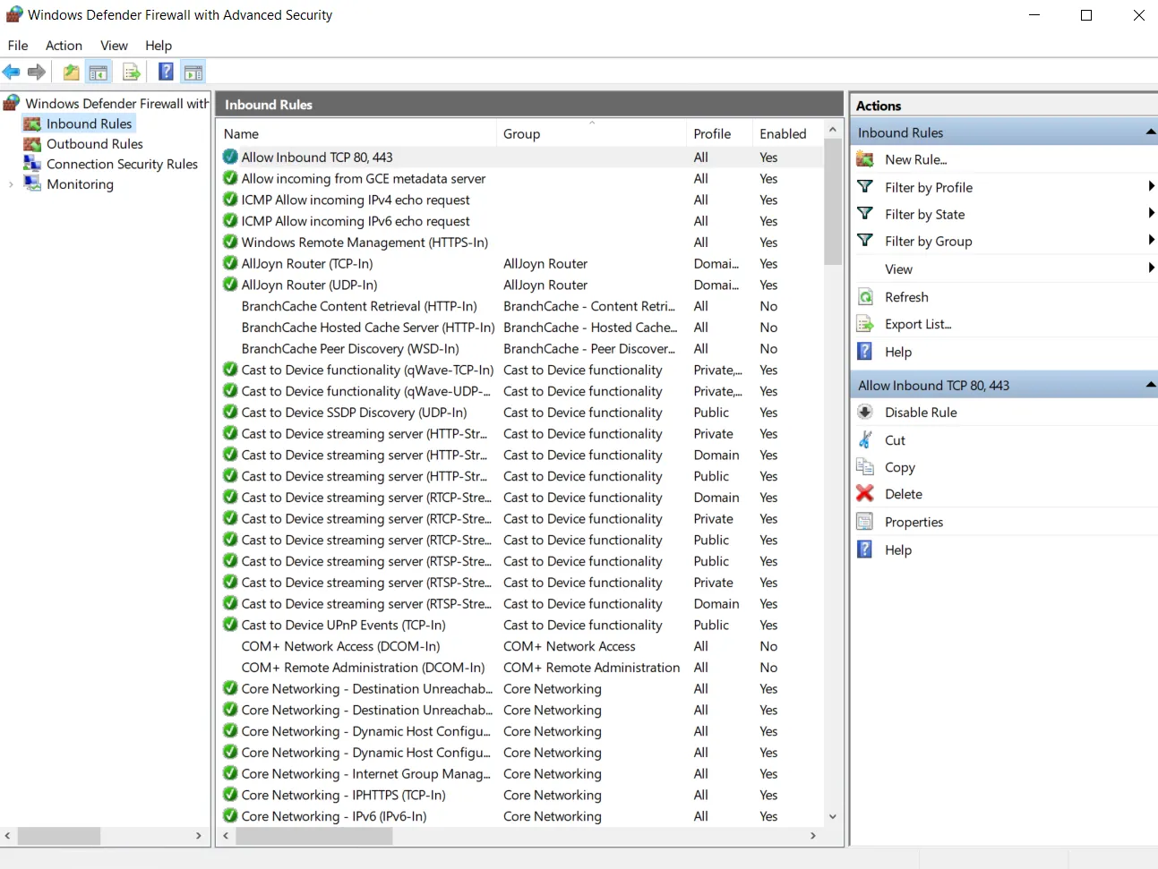 Defender Firewall allow port 80 and 443