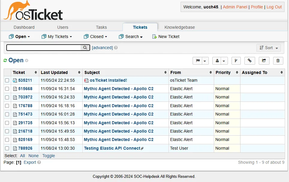osTicket alerts generated for mythic attack