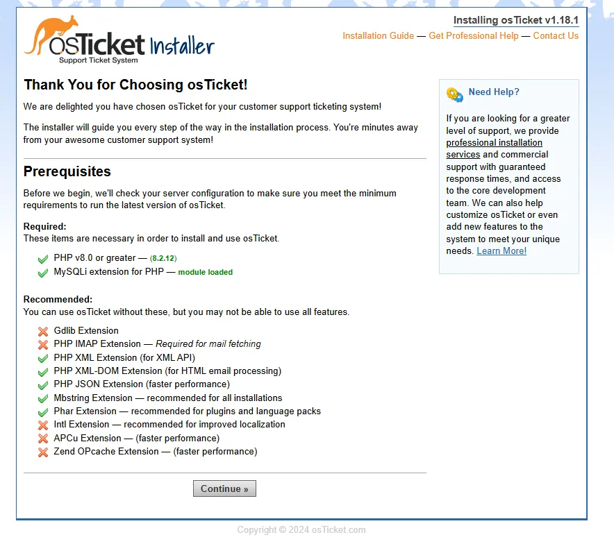 osTicket setup page