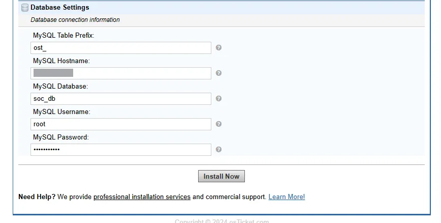 Database settings for osticket
