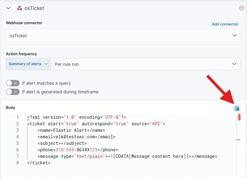 osTicket webhook XML build