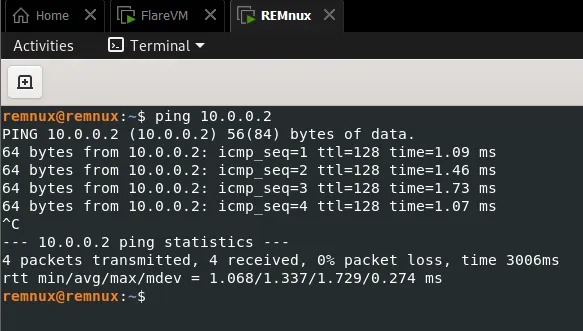 REMnux pinging FlareVM