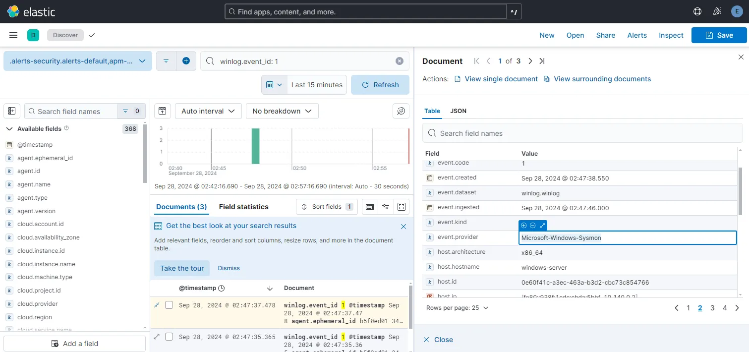 Sysmon log in the Discover tab